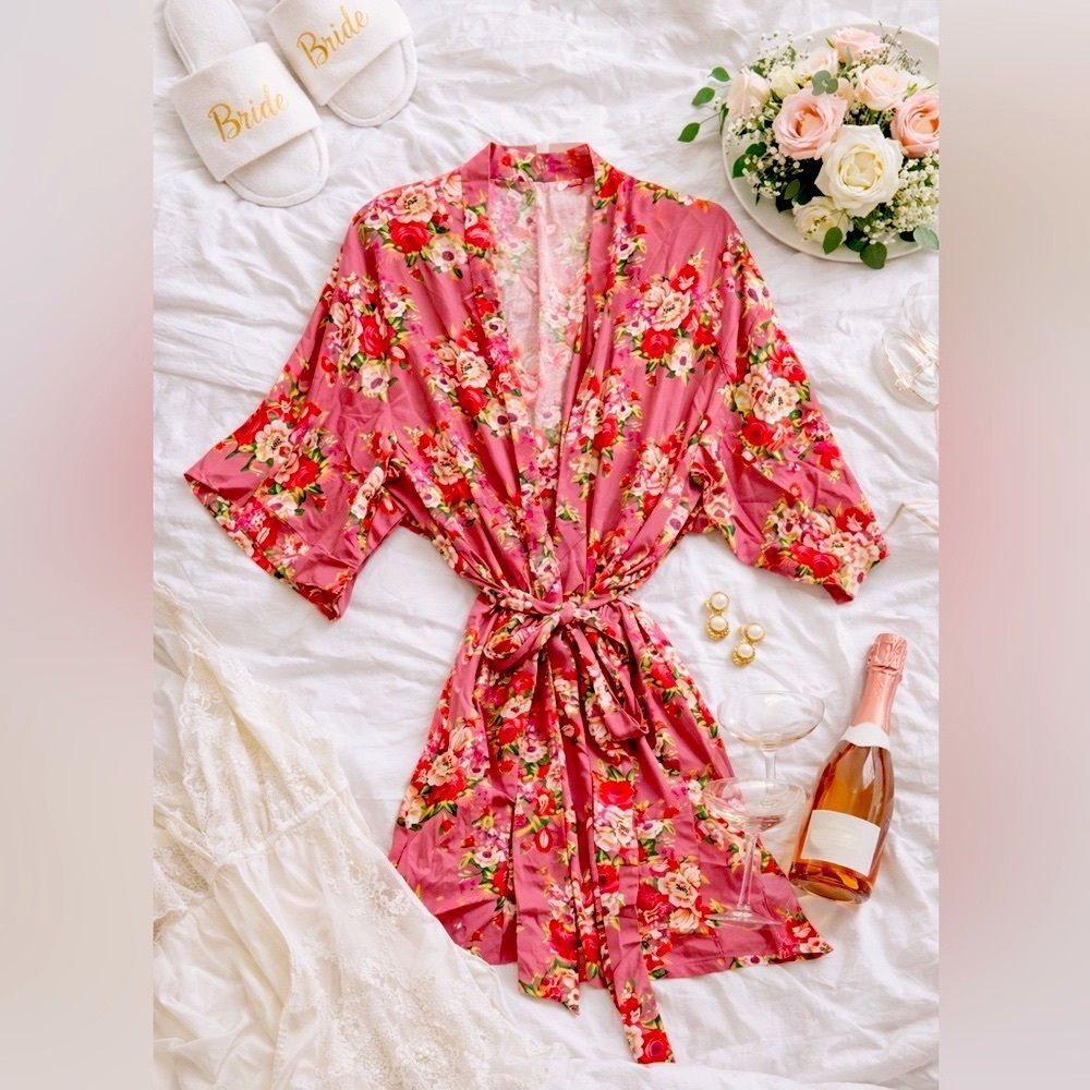Dusty Rose Floral Bridesmaid Robe Cotton Wedding Getting Ready Robe One Size NEW
